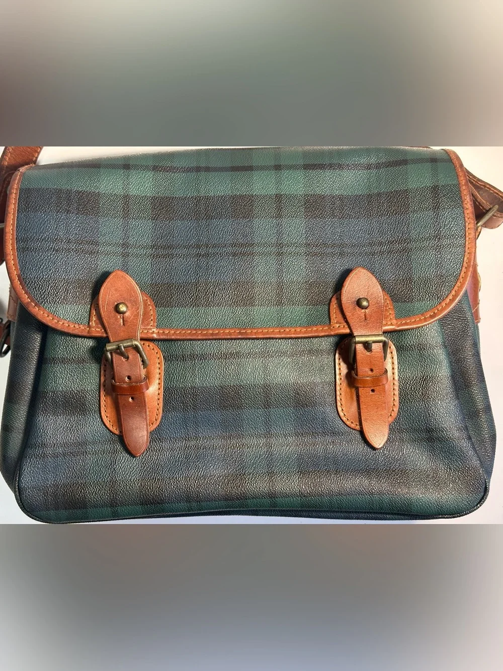 Polo Ralph Lauren Classic Plaid Leather-Trim Messenger Bag - Green/Tan